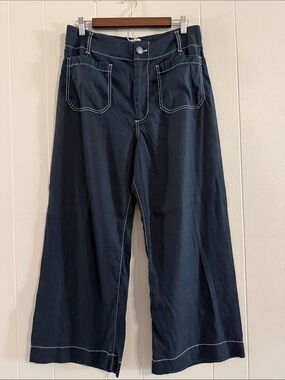 Maeve The Colette Navy Wide-Leg Pants with Contrast Stitching
